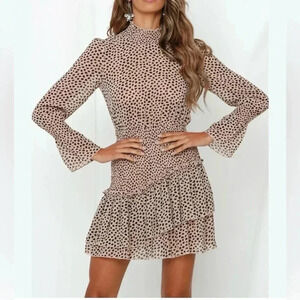 Hello Molly Don't Take It Personal Beige Black Polka Dot Ruched Tiered Dress